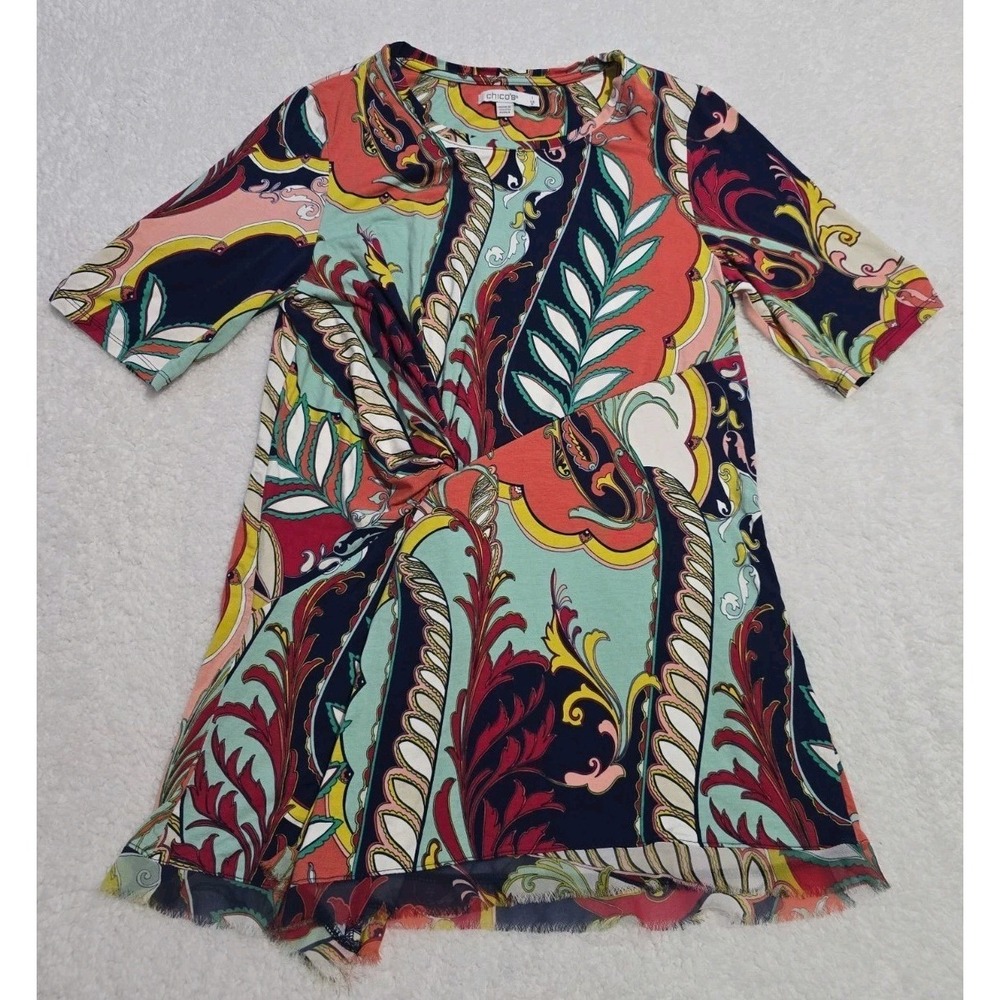Chicos Size 1 US Touch Of Cool Abstract Draped Tunic Raw Hem Stretchy (M-8/10)